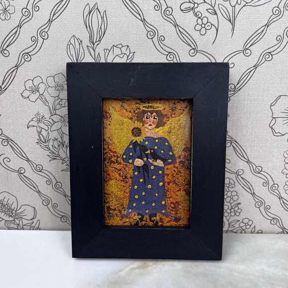 Vintage Folk Art 2 Miniature Painting Signed Annie B Giblin Angel Crow Sunflower - Picture 12 of 13
